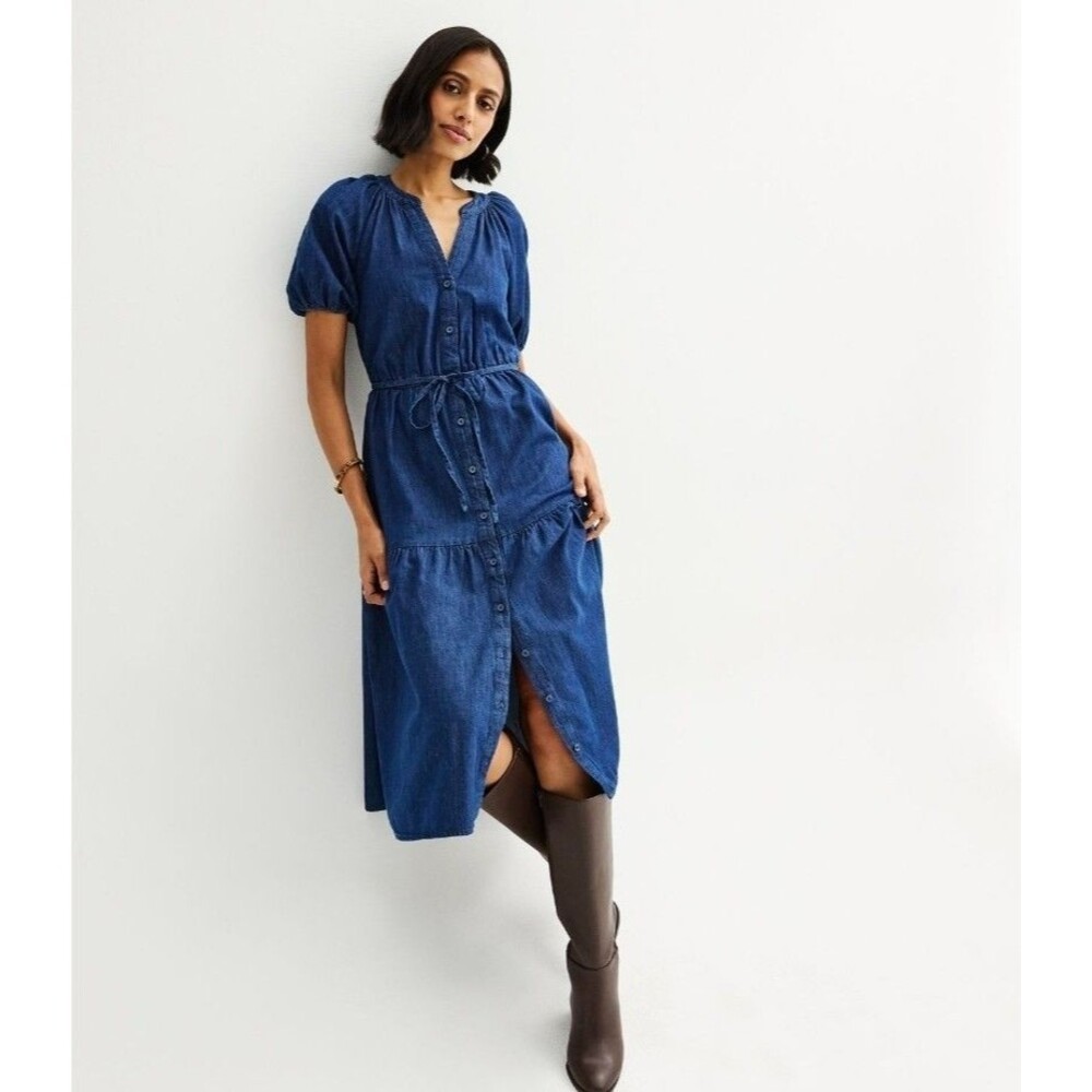 Sonoma Womens Denim Dress Medium Puff Sleeve Button Front Tiered Midi Chambray